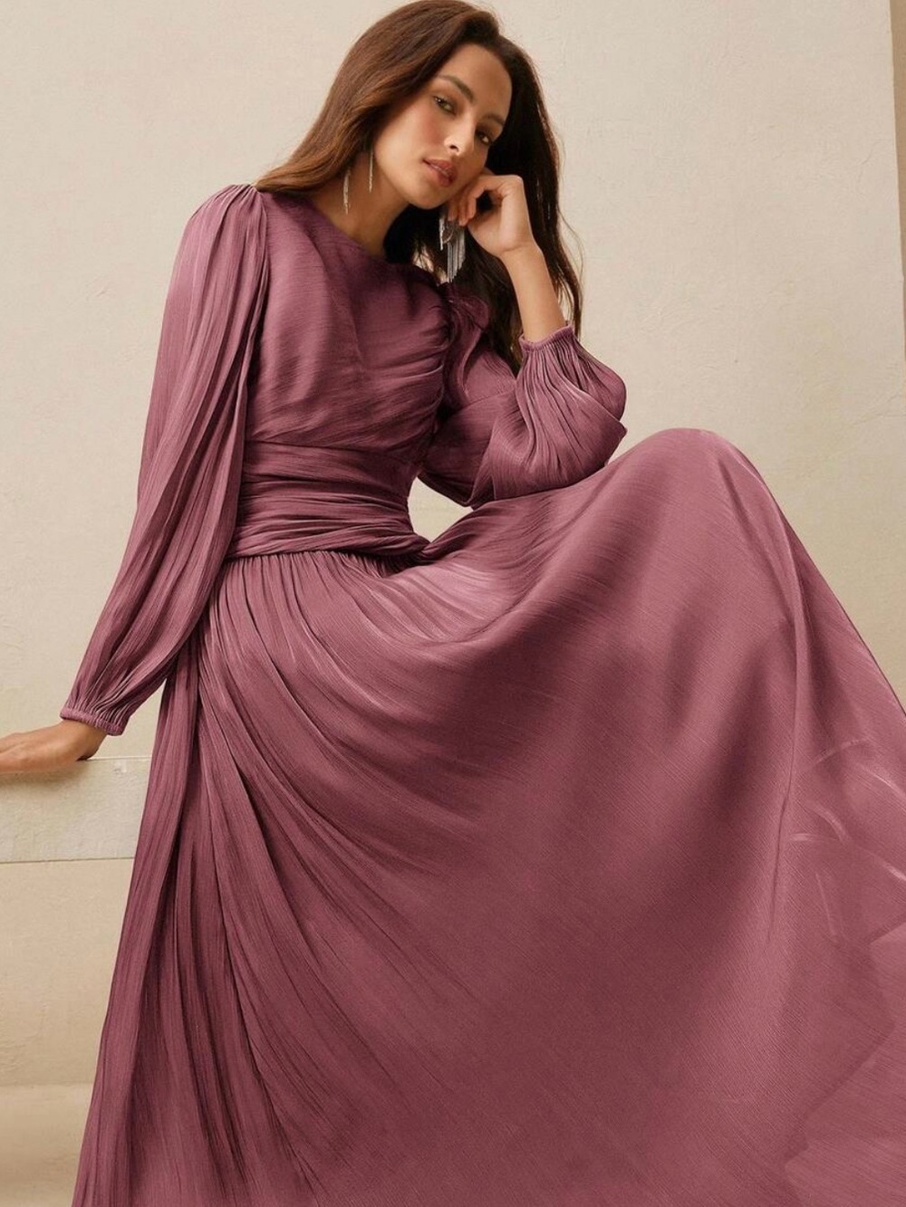 Mauve Long-Sleeve Pleated Maxi Dress with Wrapped Waist
